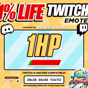 Könnte beinhalten: Ein Twitch- und Discord-Emote mit einer gelben und schwarzen 1HP-Healthbar mit einem roten und grünen Fortschrittsbalken. Das Emote ist von einem blauen und weißen Rand umgeben, mit dem Text "1% LIFE TWITCH EMOTE" oben und "SPECIALATTACKS.com" wiederholt im Hintergrund. Der Text "TWITCH & DISCORD COMPATIBLE!" befindet sich unter der Healthbar. Der Text "28x28 56x56 112x112" befindet sich unter dem Text "TWITCH & DISCORD COMPATIBLE!" und der Text "WATERMARKS REMOVED AFTER PURCHASE" befindet sich darunter. Der Text "#specialattacks" befindet sich in der linken unteren Ecke des Bildes.