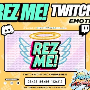 May include: A pink and blue Twitch emote with angel wings and a halo. The text "REZ ME!" is in a pink and blue box. The emote is compatible with Twitch and Discord. The text "#specialattacks" is in the bottom left corner.