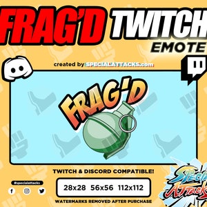 Könnte beinhalten: Eine digitale Illustration einer grünen Granate mit einem Ziehbolzen und einer roten und gelben Sprechblase, die "FRAG'D" sagt. Das Bild ist auf einem blauen Hintergrund mit einem weißen Rand. Der Text "FRAG'D TWITCH EMOTE" ist in roten und weißen Buchstaben oben im Bild. Der Text "TWITCH & DISCORD COMPATIBLE!" ist in schwarzen Buchstaben unter dem Bild. Der Text "28x28 56x56 112x112" ist in schwarzen Buchstaben unter dem Text "TWITCH & DISCORD COMPATIBLE!" Der Text "WATERMARKS REMOVED AFTER PURCHASE" ist in schwarzen Buchstaben unter dem Text "28x28 56x56 112x112".