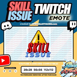 May include: A digital illustration of a Twitch emote featuring a yellow warning sign with an exclamation point and the text "SKILL ISSUE" in red and white letters. The emote is surrounded by a blue and yellow background with the text "SKILL TWITCH EMOTE" in white letters. The text "created by SPECIALATTACKS.com" is also included in the image.