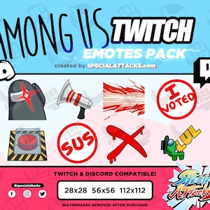 Puede incluir: Un conjunto de emotes de Twitch de Among Us con personajes y objetos del popular videojuego. Los emotes incluyen un personaje negro y rojo, un megáfono rojo, una barra diagonal roja, un círculo rojo con el texto "He votado", un botón rojo, un círculo rojo con el texto "SUS", una X roja, un personaje verde con un sombrero y el texto "LUL", y el texto "COMPATIBLE CON TWITCH Y DISCORD ! 28x28 56x56 112x112".