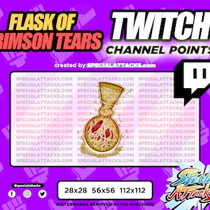 Può includere: Un'illustrazione digitale di una fiaschetta con un design rosso e giallo. La fiaschetta è etichettata "Flask of Crimson Tears". L'immagine è per i punti del canale Twitch ed è creata da Special Attacks.