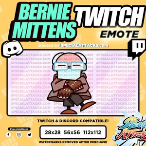 Op de afbeelding: Een digitale illustratie van een cartoonfiguur dat een bruine jas, een blauwe bril en wanten draagt. Het figuur loopt en heeft een witte baard. De afbeelding is gelabeld "Bernie Twitch Mittens Emote" en bevat de tekst "gemaakt door SPECIALATTACKS.com".