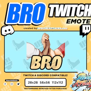 Op de afbeelding: Een blauwe en witte Twitch-emote met twee gespierde armen die elkaar een hand schudden met het woord "BRO" in grote gele letters. De emote is compatibel met Twitch en Discord. De tekst "created by SPECIALATTACKS.com" staat bovenaan de afbeelding. De tekst "#specialattacks" staat onderaan de afbeelding.