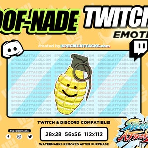 Könnte beinhalten: Eine gelbe Granate mit einem Smiley-Gesicht, beschriftet mit "OOF-NADE TWITCH EMOTE" und "erstellt von SPECIALATTACKS.com". Das Bild enthält die Twitch- und Discord-Logos sowie den Text "TWITCH & DISCORD COMPATIBLE! 28x28 56x56 112x112 WATERMARKS REMOVED AFTER PURCHASE".