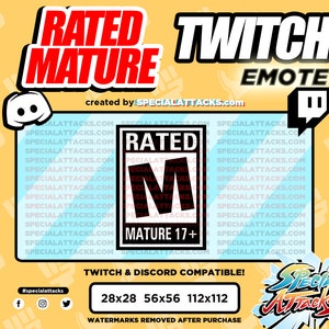 Könnte beinhalten: Eine digitale Illustration eines Twitch-Emotes mit einem Symbol für Altersfreigabe. Das Emote ist ein Schwarzweißbild des "M"-Symbols mit dem Text "Rated M Mature 17+" darunter. Das Emote ist von einem blauen Hintergrund umgeben, mit dem Text "Twitch Emote" darüber und dem Text "Twitch & Discord Compatible!" darunter. Der Text "Special Attacks" befindet sich in der unteren rechten Ecke des Bildes. Das Bild enthält auch den Text "#specialattacks" und Social-Media-Icons für Facebook, Instagram und Twitter.