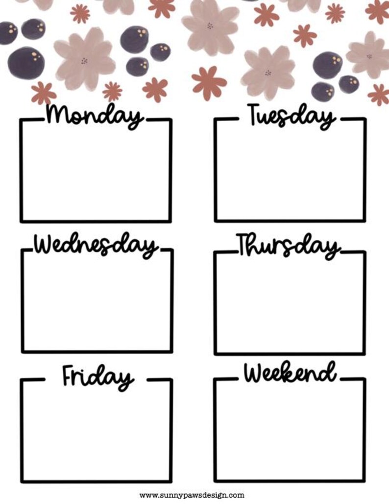 May include: A weekly planner with a floral design. The top of the planner features watercolor-style flowers in shades of brown and purple. Each day of the week is labeled with a black font, with a blank box below each day for notes.