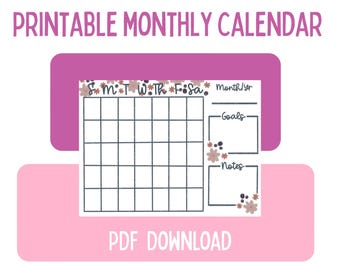 May include: A printable monthly calendar PDF download featuring a grid layout with days of the week labeled S, M, T, W, Th, F, Sa. The design includes sections for goals and notes, decorated with small floral accents in muted pink and brown tones.
