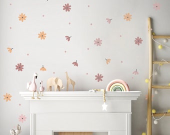 Daisy Flower en Dots muurstickers voor kinderslaapkamer, kinderkamer, speelkamer | PVC-vrij, geurloos | Herbruikbare Peel and Stick-stofmuursticker