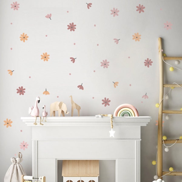 Autocollants muraux en forme de marguerite et de points pour chambre d'enfant, crèche, salle de jeux | Sans PVC, sans odeur | Décalcomanie murale en tissu réutilisable à décoller et à coller