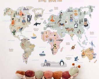 Animal World Map Wall Sticker | Kid World Map Wall Decal for Nursery, Playroom, Bedroom | PVC Free | Peel and Stick Fabric Decal