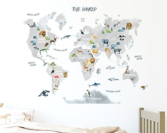 Etiqueta engomada de la pared del mapa del mundo / Calcomanía del mapa del mundo para niños / Animales del mapa del mundo / Pegatinas de pared para niños / Regalo para niños