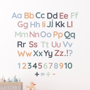 Calcomanía de números del alfabeto del aula, calcomanía de pared de aprendizaje de letras y números, decoración del aula boho, pegatinas de pared de tela extraíbles y pegadas