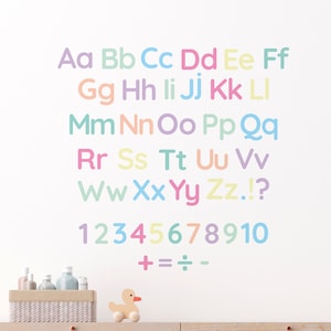 Muurstickers alfabet cijfers | Leren muurschildering met pastelletterformatie voor kinderen | Educatieve sticker met peel & stick-stof | Pvc-vrij, geurloos