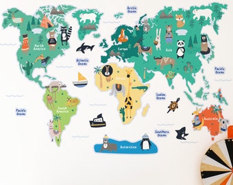 Animal World Map Wall Sticker | Kid World Map Wall Decal for Nursery, Playroom, Bedroom | PVC Free, No Odour | Peel and Stick Fabric Decal