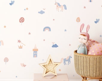 Autocollants muraux licorne pour enfants | Décalcomanie murale licorne pour salle de jeux, crèche, chambre à coucher | Papier peint mural licorne en tissu | Décoration de chambre de conte de fées