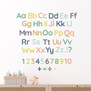 Vorschulalphabet-Zahlen-Wandaufkleber | Kinder ABC Buchstaben Lern Wandbild | Kindergarten Klassenzimmer Dekor | Repositionierbarer Stoff Wandsticker