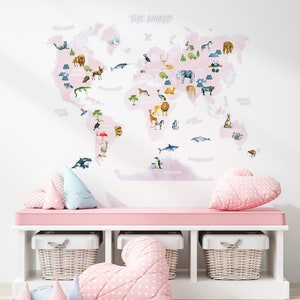 Rosa Weltkarte Aufkleber | Weltkarte Kinderzimmer Aufkleber | Baby Mädchen Wandtattoo | PVC-frei, kein Geruch | Wiederverwendbarer Peel & Stick Wandsticker