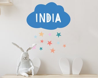 Adhesivo de pared con nombre / Adhesivo de pared de nube personalizado para guardería, sala de juegos, dormitorio de niños / Sin PVC, sin olor / Adhesivo de pared de tela reutilizable