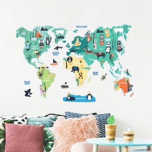 Animal World Map Wall Sticker | Kid World Map Wall Decal for Nursery, Playroom, Bedroom | PVC Free, No Odour | Peel and Stick Fabric Decal