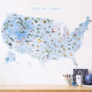 Illustrierte US Map Aufkleber | Große USA Map Kinderwandtattoo | 50 US Bundesstaaten Karte Schälen & Aufkleben Poster | Karte von USA Wandsticker aus Stoff
