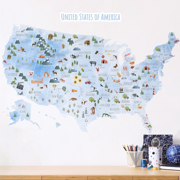 Illustrated US Map Decal | Large USA Map Kids Wall Decal | 50 States Map Peel & Stick Poster | Map of United States Fabric Wall Sticker