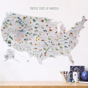 USA Karte Wandtattoo | Kinder illustrierte US Map Aufkleber | Karte von USA zum Schälen und Aufkleben | Karte von Amerika Stoff-Wandsticker