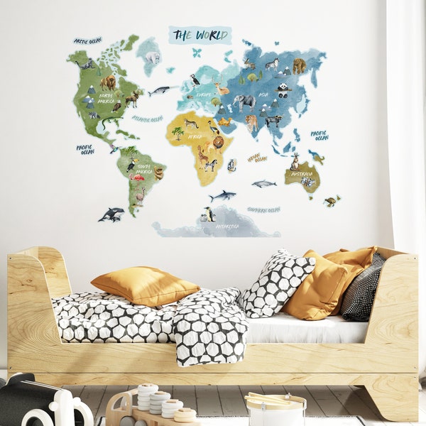 Sticker mural carte du monde des animaux pour chambre d'enfant, chambre d'enfant, salle de jeux | Sans PVC, sans odeur | Décalcomanie murale réutilisable en tissu à peler et à coller