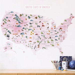US Map Wandtattoo | Illustrierte Karte von USA Aufkleber | Große Kinder 50 Staaten Landkarte | Karte von Amerika Stoff zum Schälen & Aufkleben