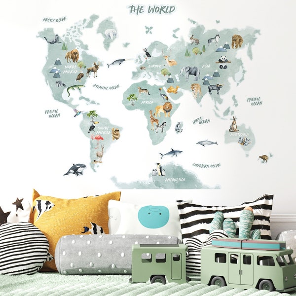 Sticker mural carte du monde des animaux | Sticker carte du monde pour enfants | Sticker mural carte du monde | Sans PVC, sans odeur | Autocollant en tissu Peel & Stick repositionnable