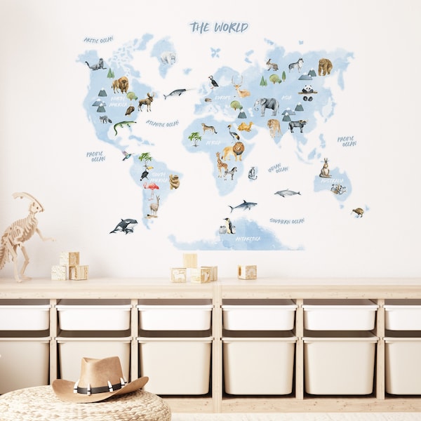 Animal World Map Wall Sticker | Blue World Map Wall Decal | Kids World Map Decal | PVC Free, No Odour | Reusable Peel & Stick Fabric Decal