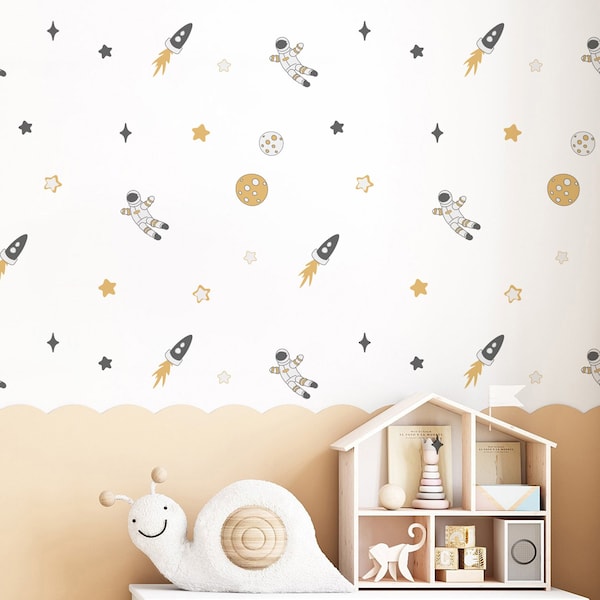 Kids Space Wall Stickers | Whimsical Astronaut, Planet, Rocket, & Shooting Star Wall Decals | Outer Space Wall Mural | Children's Space Gift