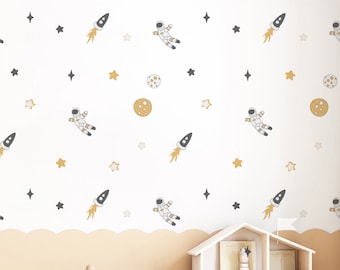 Kids Space Wall Stickers | Whimsical Astronaut, Planet, Rocket, & Shooting Star Wall Decals | Outer Space Wall Mural | Children's Space Gift