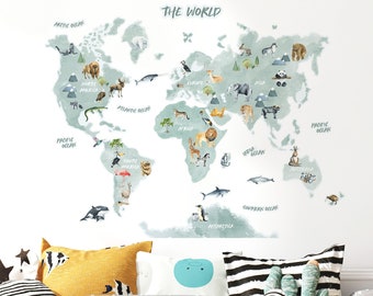 Sticker carte du monde pour enfants | Sticker carte des animaux pour enfants | Carte du monde de la salle de jeux | Décalcomanies pour chambre d'enfants | Sans PVC, sans odeur | Décalcomanie murale en tissu réutilisable