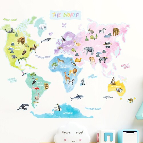 Animal World Map Wall Sticker Kids World Map Decal World Etsy UK