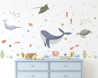 Under the Sea Wall Stickers | Ocean Wall Decal for Kids | Ocean Theme Nursery, Playroom, Bedroom Decor | Fabric Peel & Stick Sea Life Decals