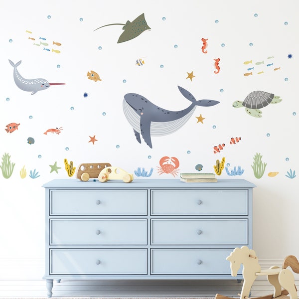 Under the Sea Wall Stickers | Ocean Wall Decal for Kids | Ocean Theme Nursery, Playroom, Bedroom Decor | Fabric Peel & Stick Sea Life Decals