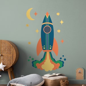 Space Rocket Wall Sticker | Space Wall Decal for Kids Bedroom, Playroom, Nursery | Children's Repositionable Peel & Stick Fabric Decal
