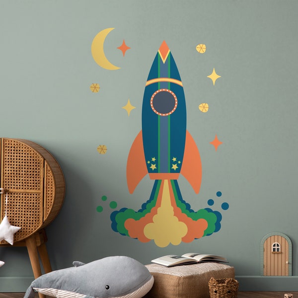 Space Rocket Wall Sticker | Space Wall Decal for Kids Bedroom, Playroom, Nursery | Children's Repositionable Peel & Stick Fabric Decal