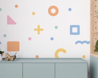 Abstract Shapes Wall Decal | Geometric Shape Wall Stickers for Kids Bedroom, Playroom, Nursery | Fabric Pastel Shape Kids Wall Mural