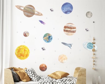 Aquarel zonnestelsel muurstickers | Ruimte muurstickers voor kinderen | Planeet muurstickers | PVC-vrij, geen geur | Herbruikbare stoffen muursticker