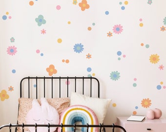 Funky Floral Wall Decals | Pastel Flower Wall Stickers for Kids Bedroom, Nursery, Playroom | PVC Free, No Odour | Removable Fabric Decal