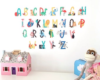 Alphabet Wall Decal, Kids ABC Wall Stickers, Illustrated Letter Decals for Easy Phonics Learning, Removable Peel & Stick Fabric Wall Decal