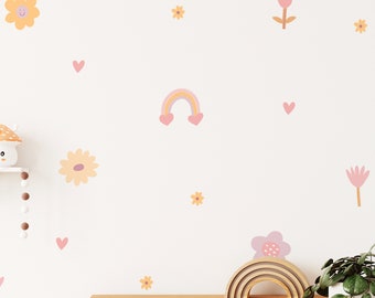 Floral Rainbow Wall Decal | Flower & Rainbow Wall Stickers for Kids Bedroom, Playroom, Nursery | Repositionable Fabric Peel and Stick Decals