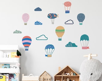 Stickers muraux montgolfières et nuages pour chambre d'enfant, chambre d'enfant et salle de jeux | sans PVC, sans odeur | Sticker repositionnable en tissu repositionnable