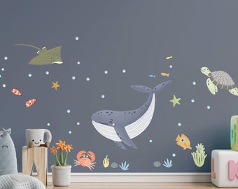 Ocean Wall Decals | Whales, Turtles, Fish, Sea Creatures for Kids Room (Reusable Fabric)
