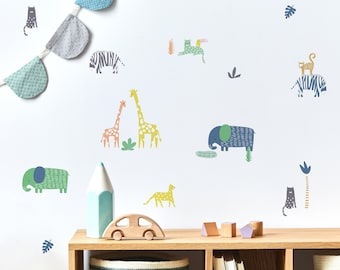 Jungle Safari Animal Wall Stickers | Nursery Animal Wall Stickers | PVC Free, No Odour | Reusable Peel & Stick Fabric Wall Decal