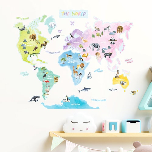 Boho World Map Decal / World Map Wall Sticker / Nursery Wall Etsy