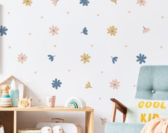 Daisy Flower and Dots Wall Stickers | Fabric Floral Wall Decals | PVC Free, No Odour | Removable Peel and Stick Wall Decals