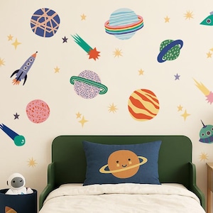 Conjunto de adesivos de parede Planet & Rocket - Adesivos espaciais removíveis de tecido, removíveis e adesivos